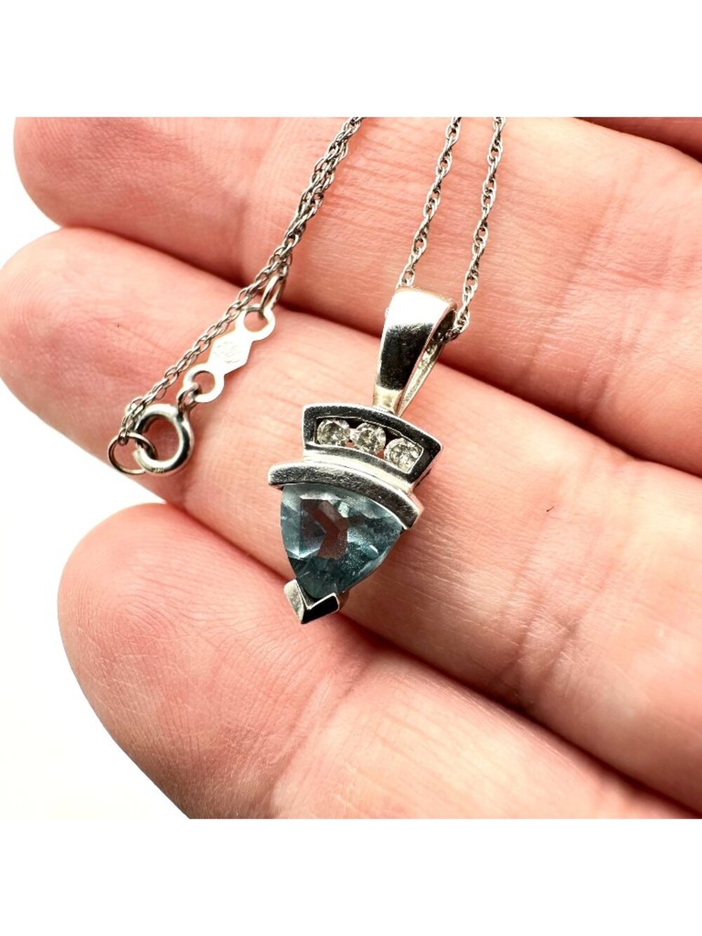 10K White Gold Trillion Cut Aquamarine Diamond Pendant 18" Necklace 2.8 Gram